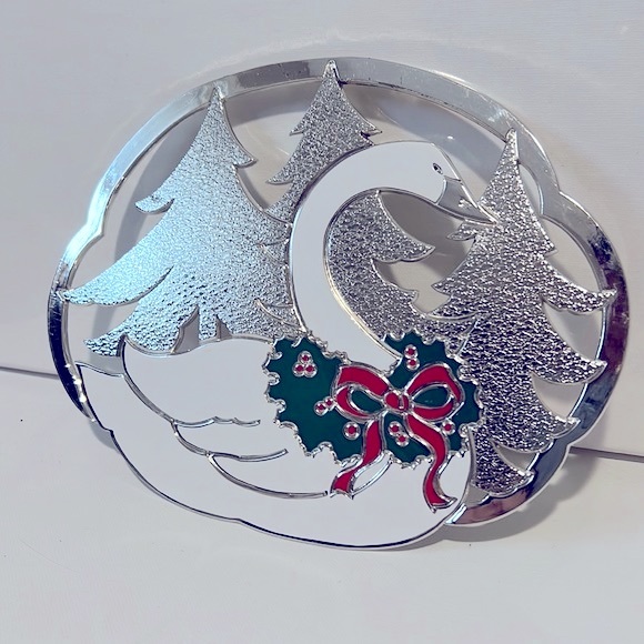 Silverplate Enamel Swan Holiday Trivet - Picture 1 of 6